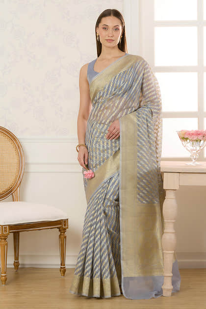 Grey Metalic Tissue Zari Woven Saree