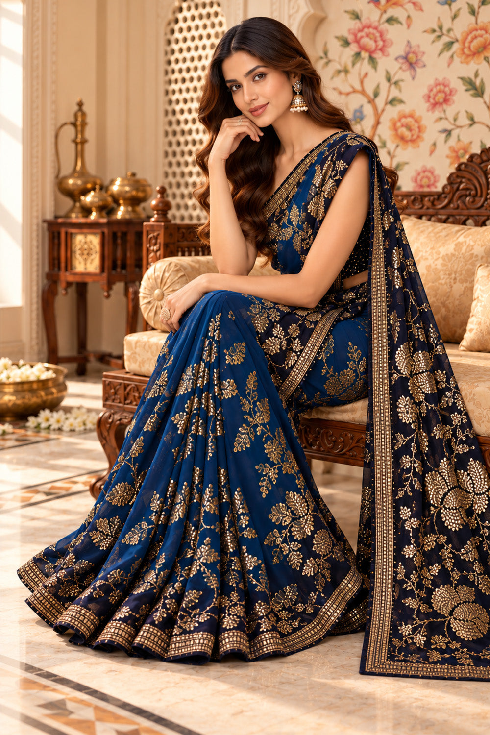 Blue Floral Sequins Embroidered Georgette Saree
