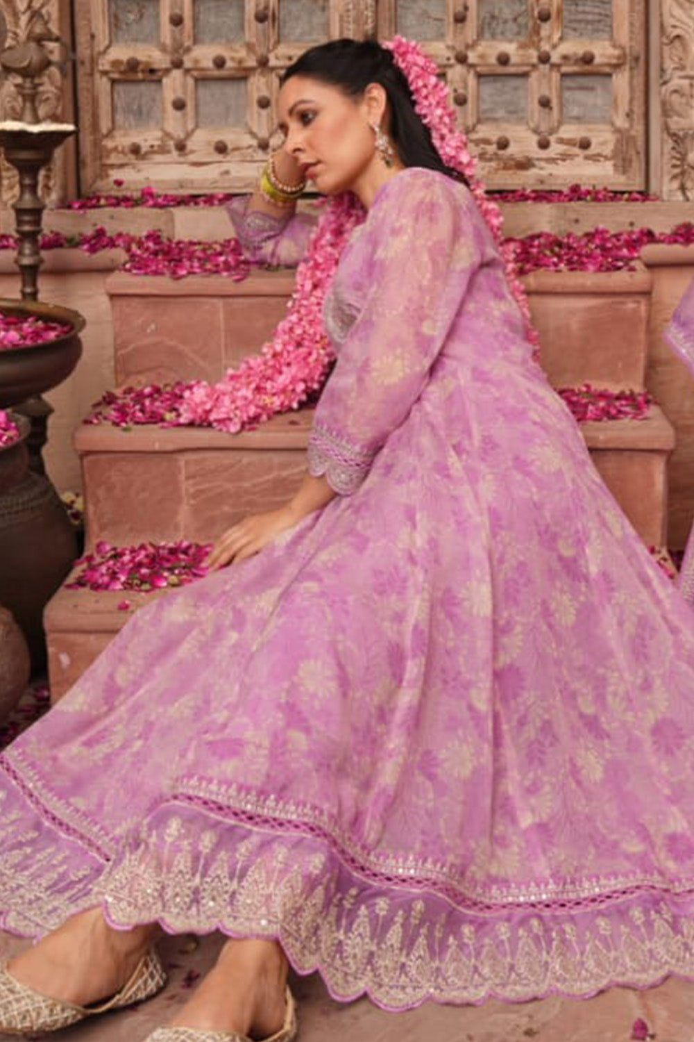 Mauve Color Organza Floral Printed Anarkali Suit Set