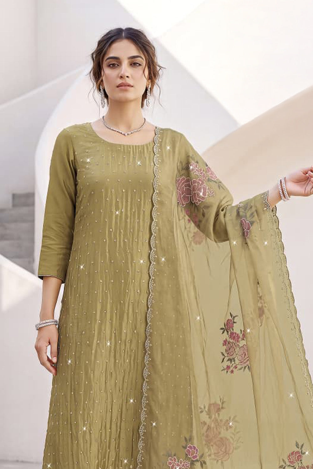 Pista Green Organza Resham Embroidered Unstitched Suit Material