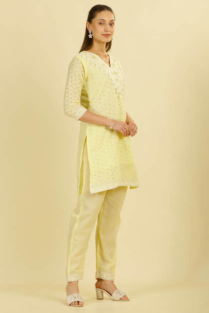 Pale Yellow Cotton Hacoba Style Neck-Embroidered Kurta Set