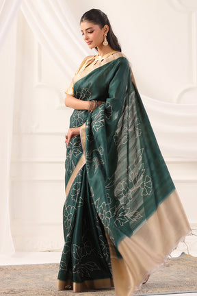 Bottle Green Tussar Silk Floral Printed and Zari Woven Saree