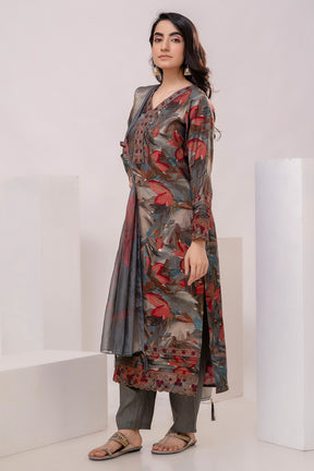 Grey Colour Crepe Floral Printed Straight Suit