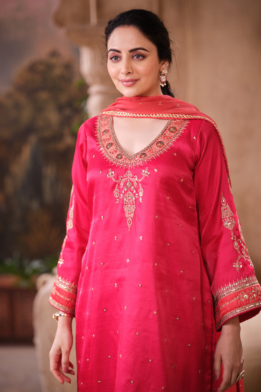 Cherry Red Pure Silk Sequins And Zari Embroiderd Suit Set