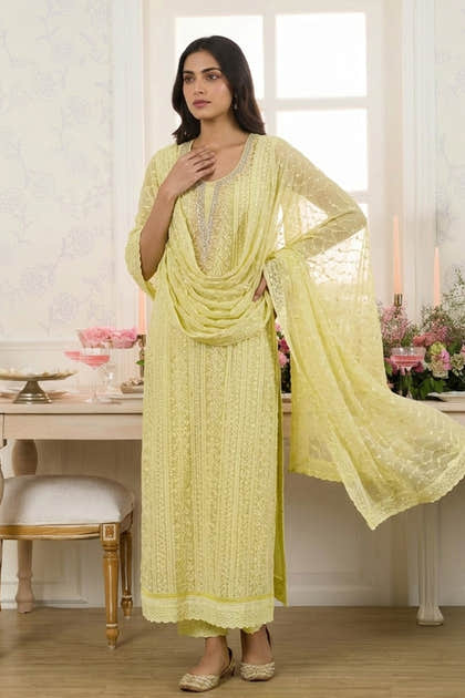 Lemon Yellow Georgette Chikankari Work Unstiched Suit