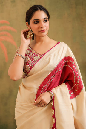 Cream Pure Tussar Zari And Gota-Patti Embroidered Saree