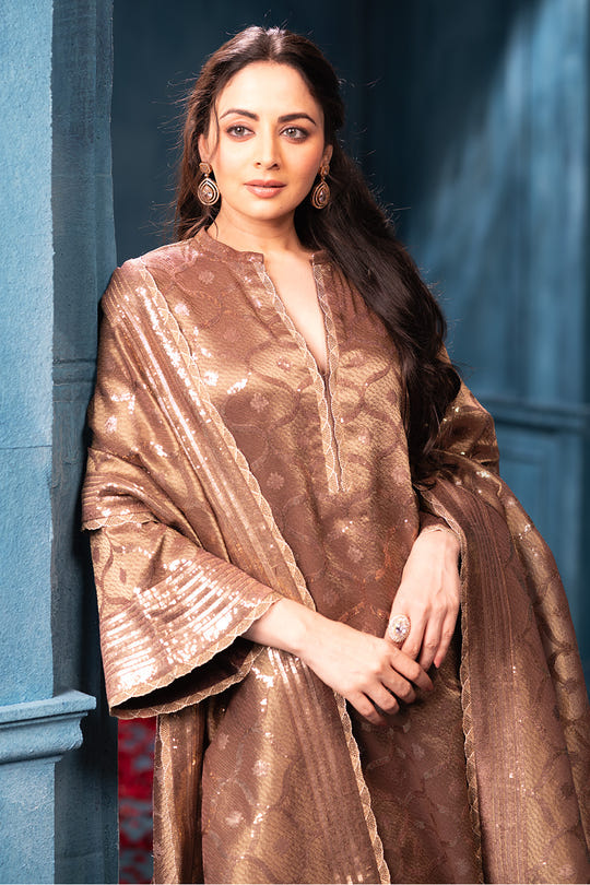 Brown Pure Metallic Tissue Sequins Embroidered Suit