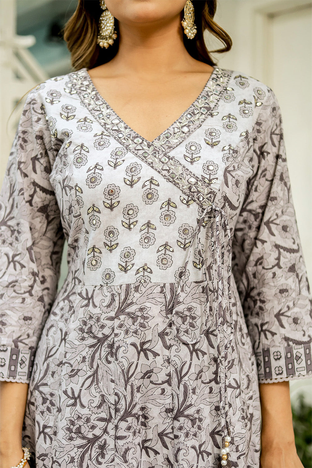 Grey Color Cotton Printed Anarkali Suit