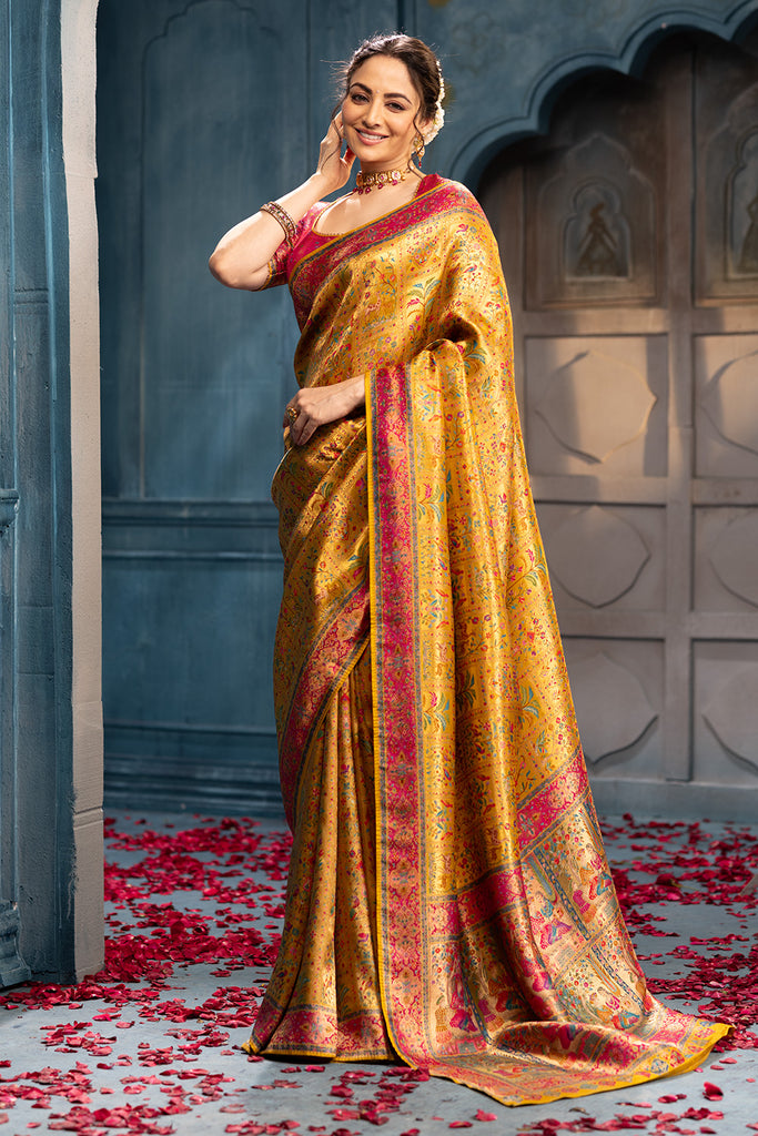 Mustard Position Print Woven Silk Saree