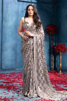 Grey Pure Georgette Sequins Embroidered Saree