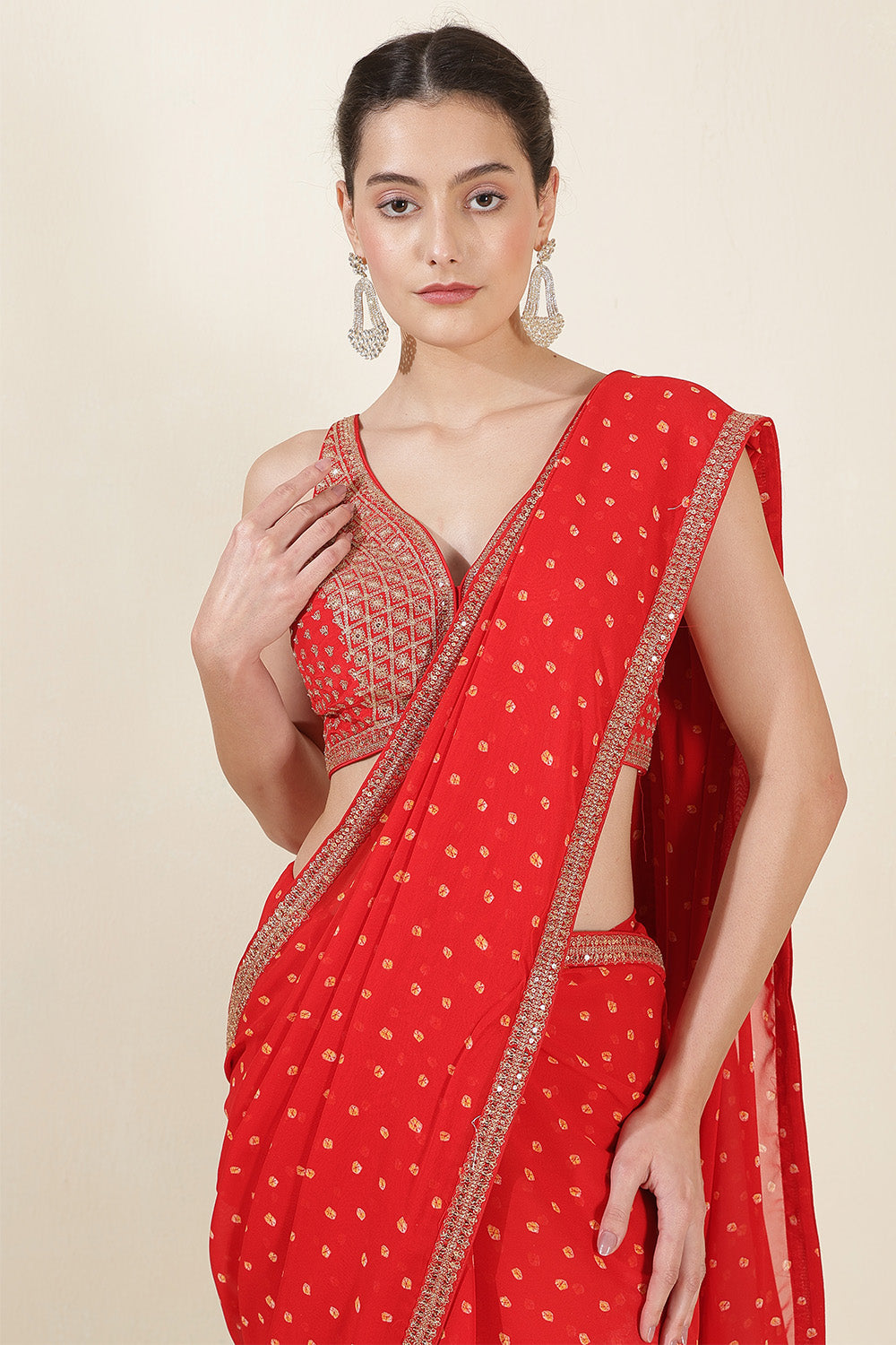 Red Color Georgette Bandhani Printed and Embroidered Saree With Readymade Blouse
