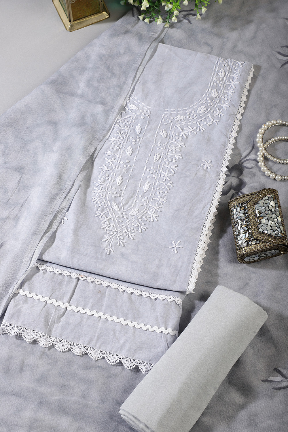 Grey Color Cotton Resham Embroidered And Lace Work Unstitched Suit
