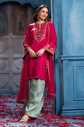 Cherry Red Sequins And Zari Embroidered Silk Suit Set