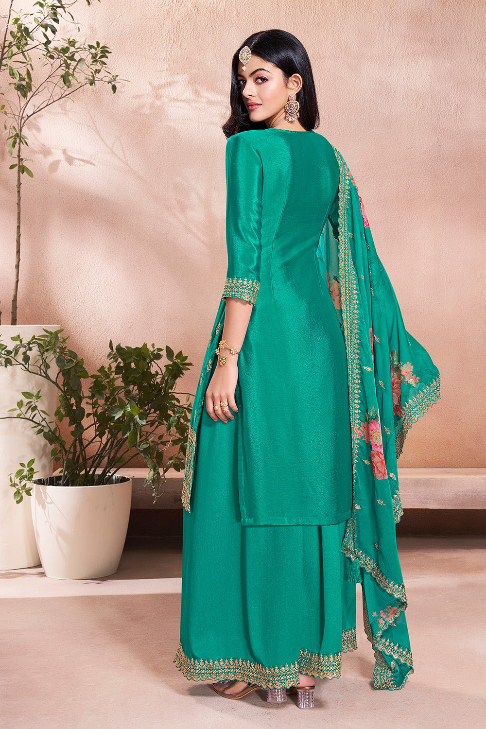 Teal Green Crepe Silk Embroidered Suit With Palazzo