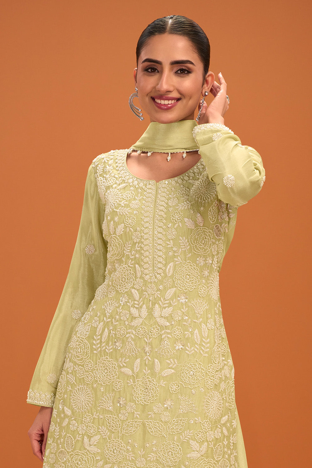 Pista Green Crepe Silk Cut-Dana and Resham Embroidered Suit with Palazzo