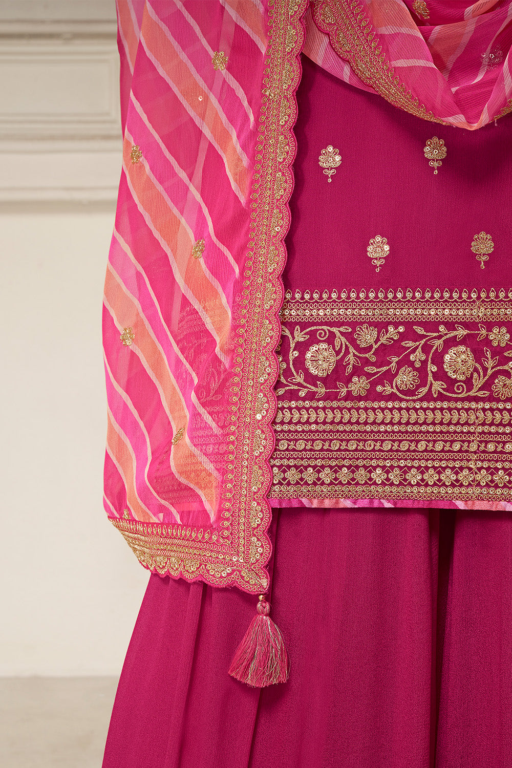 Fuchsia Pink Color Crepe Silk Zari Embroidered Suit With Sharara