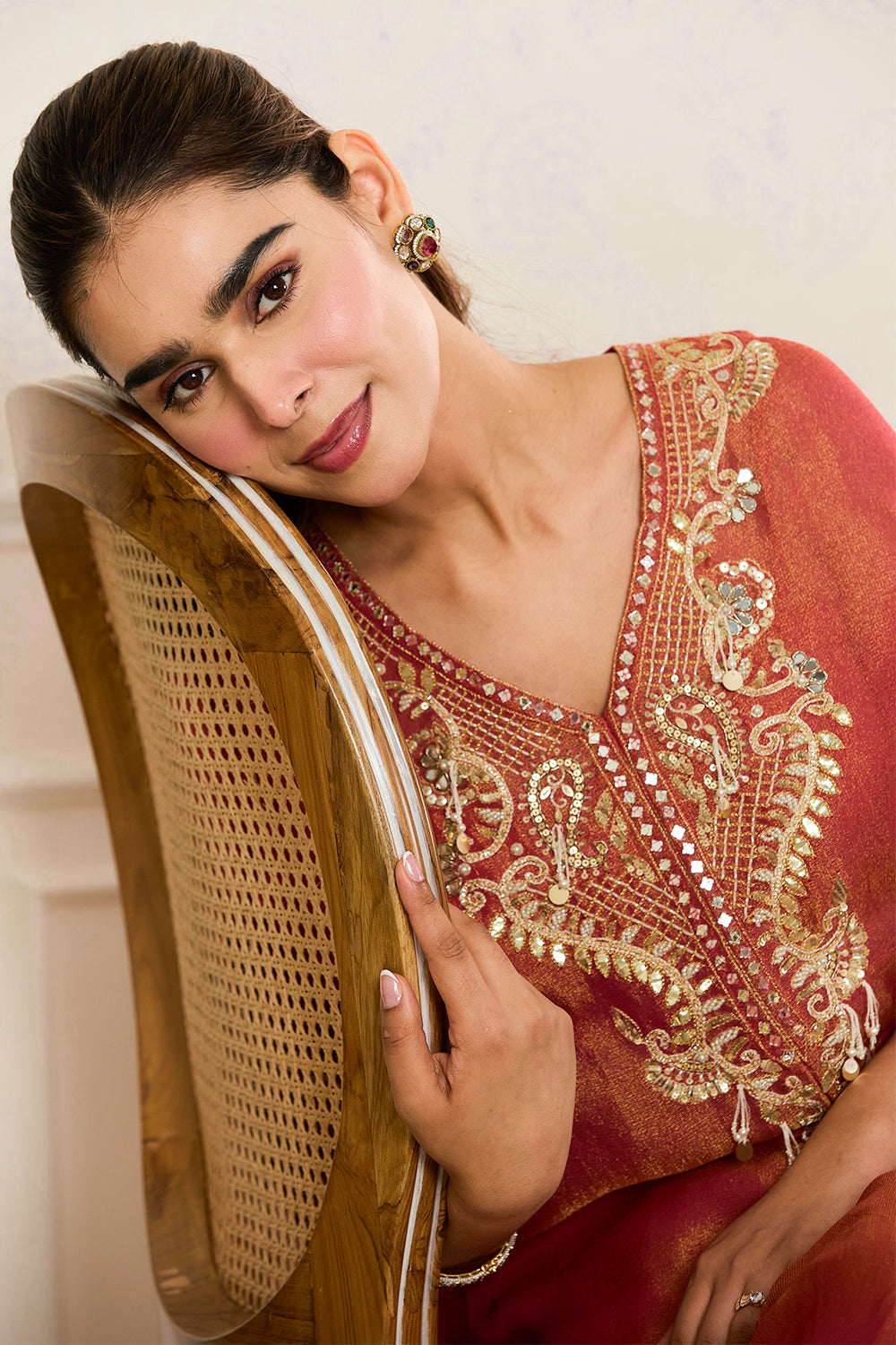 Dark Coral Shimmer Fabric Neck-Embroidered Kaftan Set with Palazzo,