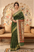 Green Cotton Printed And Woven Border Saree
