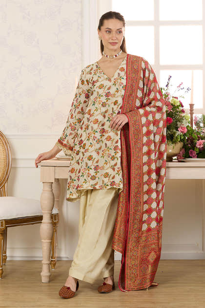 Cream Georgette Floral Resham Woven Unstitched Suit Material