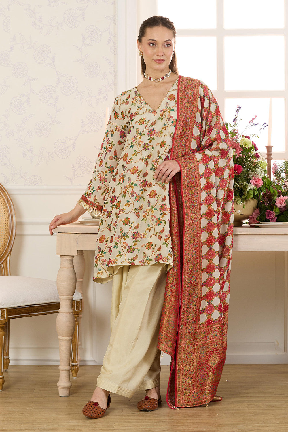 Cream Georgette Floral Resham Woven Unstitched Suit Material