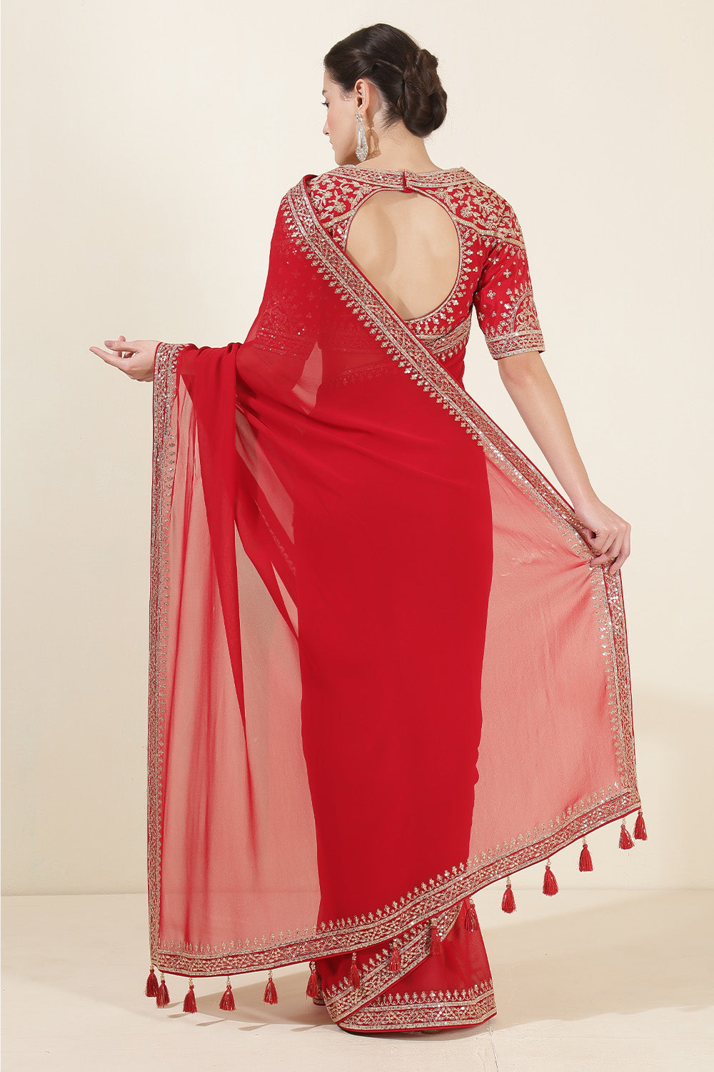 Red Colour Georgette Sequins And Zari Embroidered Saree With Readymade Blouse