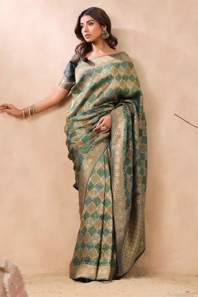Teal Color Banarasi Woven Silk Saree