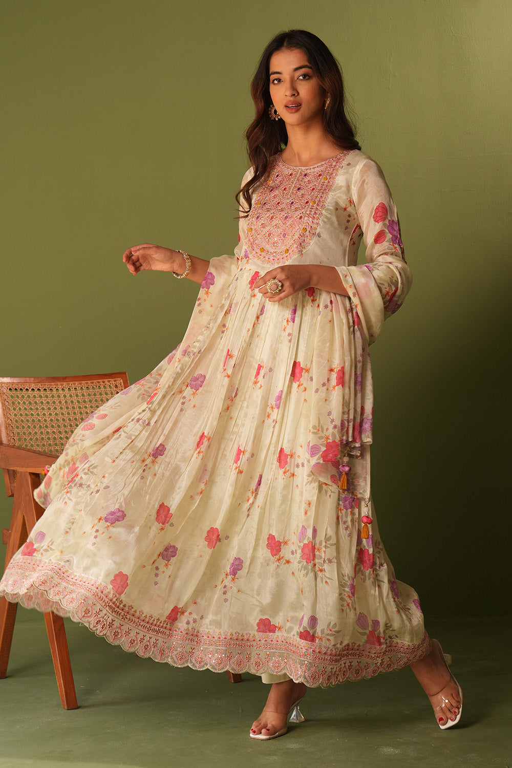 Cream Color Crepe Silk Neck Embroidered And Floral Printed Anarkali Suit
