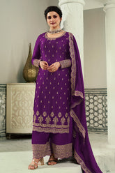 Purple Color Silk Embroidered Unstitched Suit Material