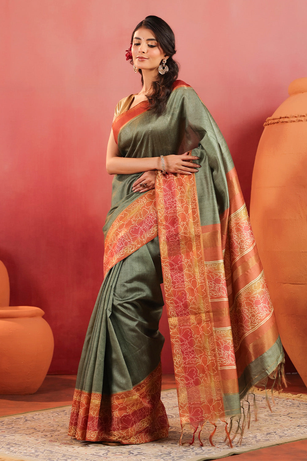 Sage Green Tussar Silk Floral Printed and Zari Woven Saree