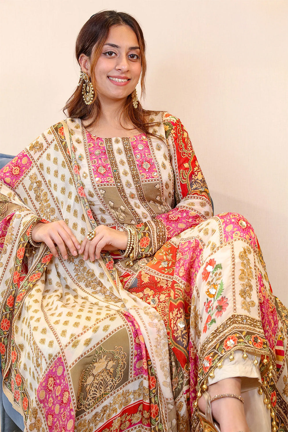 Cream Crepe Silk Printed Suit