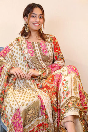Cream Crepe Silk Printed Suit