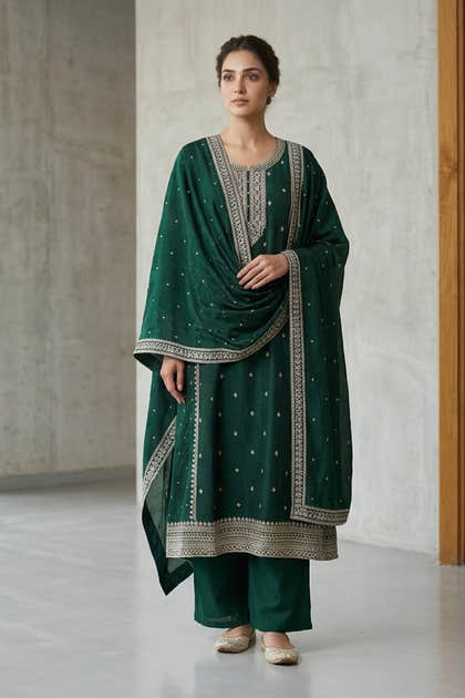 Bottle Green Crepe Silk Zari and Sequins Embroidered Anarkali Suit