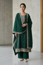Bottle Green Crepe Silk Zari and Sequins Embroidered Anarkali Suit