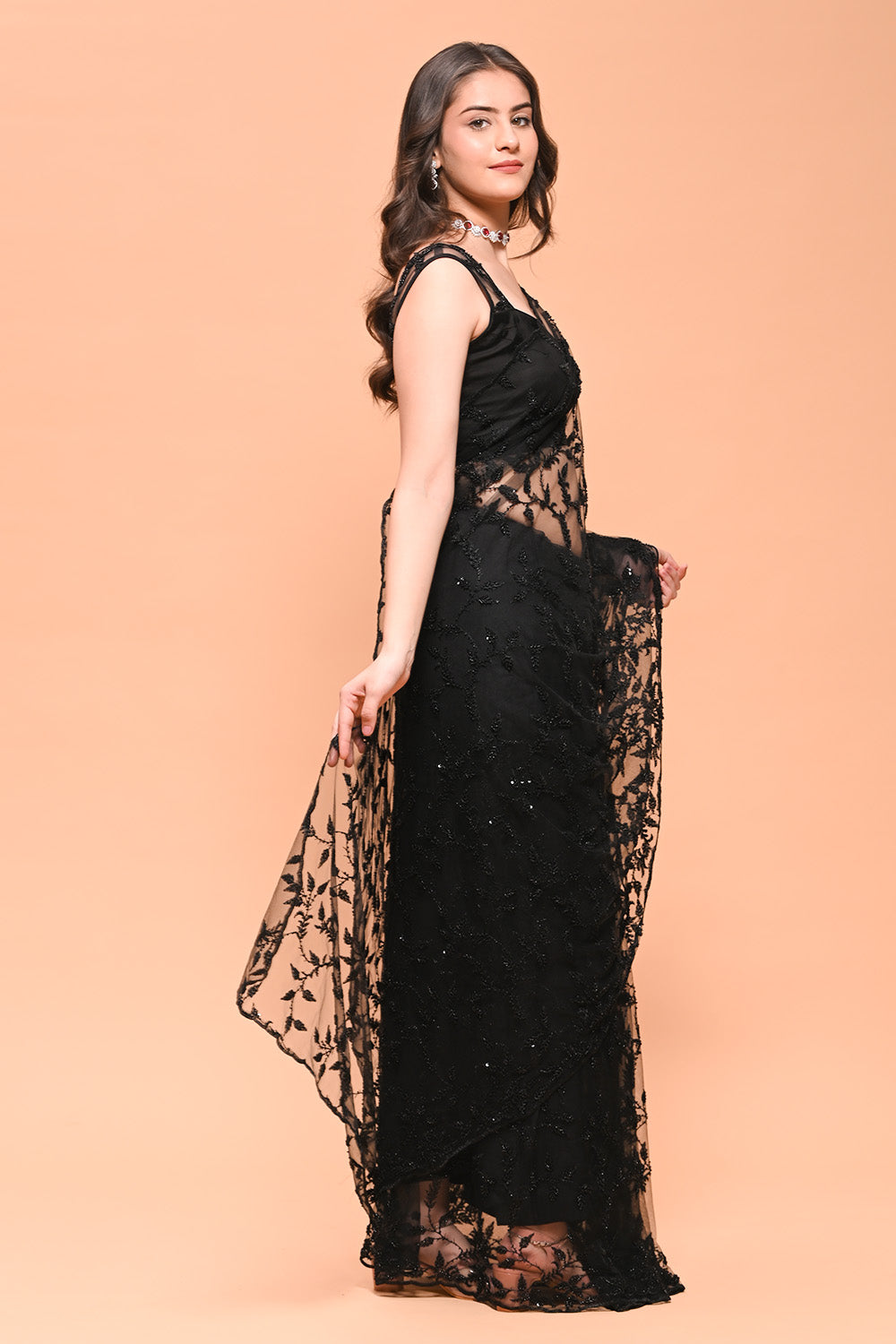 Black Color Net Cut-Dana Work Saree