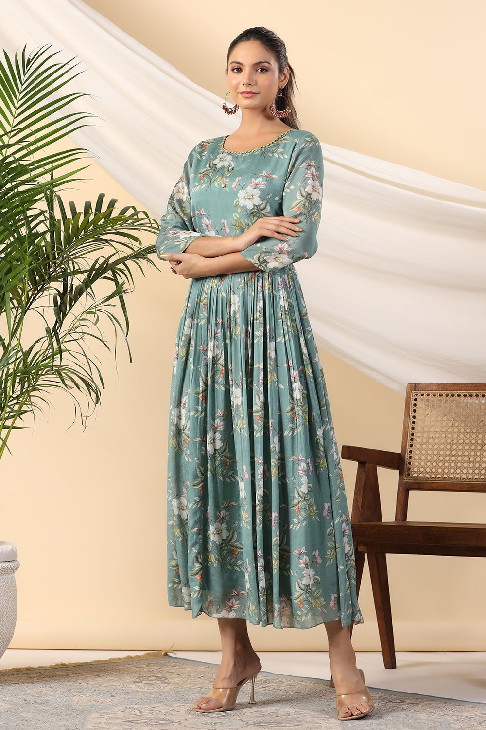 Teal Color Crepe Printed Peonies Dress