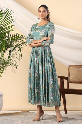Teal Color Crepe Printed Peonies Dress