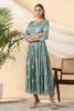 Teal Color Crepe Printed Peonies Dress