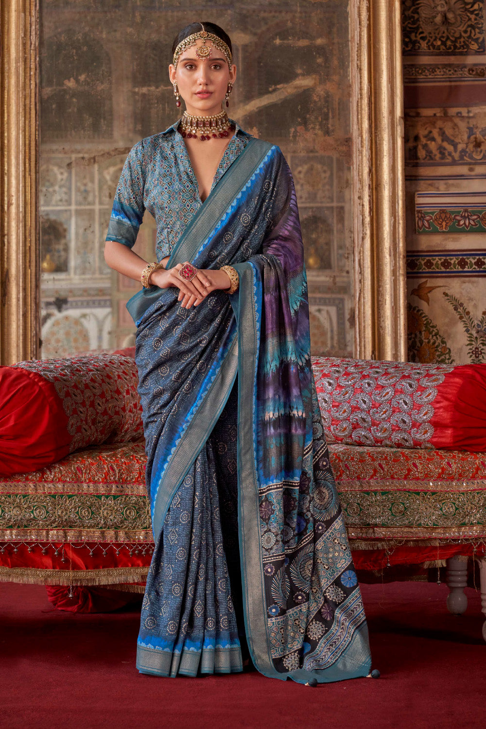 Blue Color Bandhani Printed Gajji Silk Saree