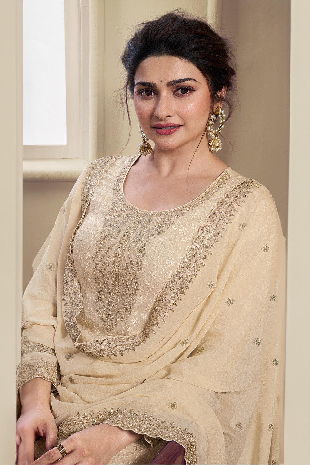 Cream Color Georgette heavy Embroidered Unstitched Suit Material