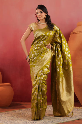 Sage Green Zari Floral Woven Silk Saree