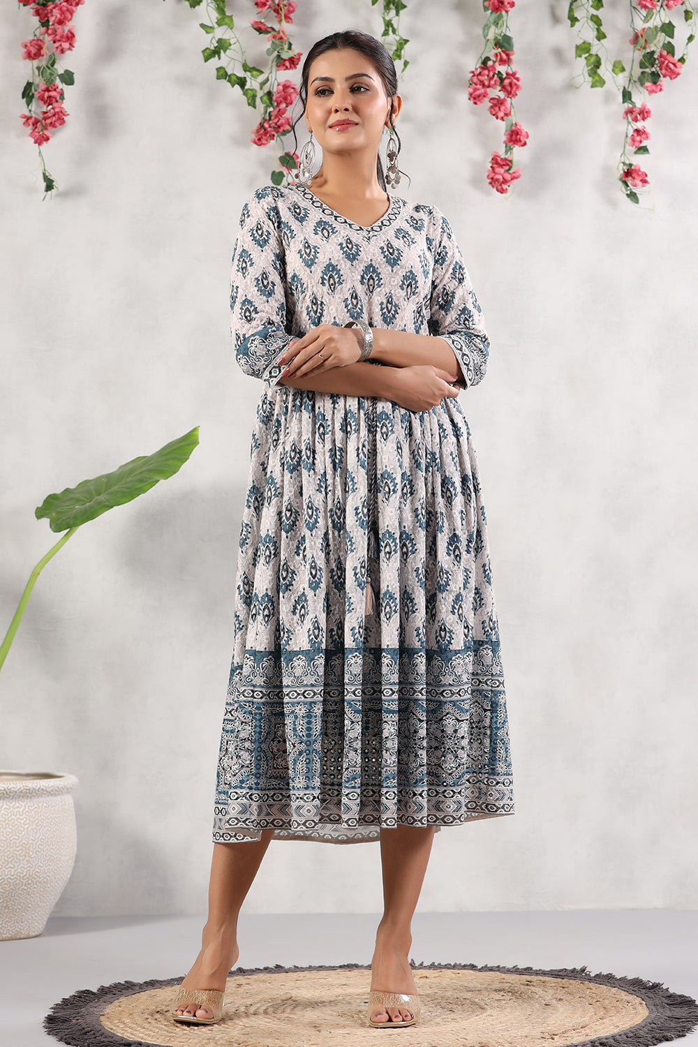 Cream & Blue Color Cotton Printed Peonies Dress