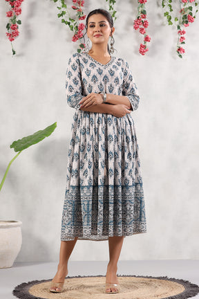 Cream & Blue Color Cotton Printed Peonies Dress