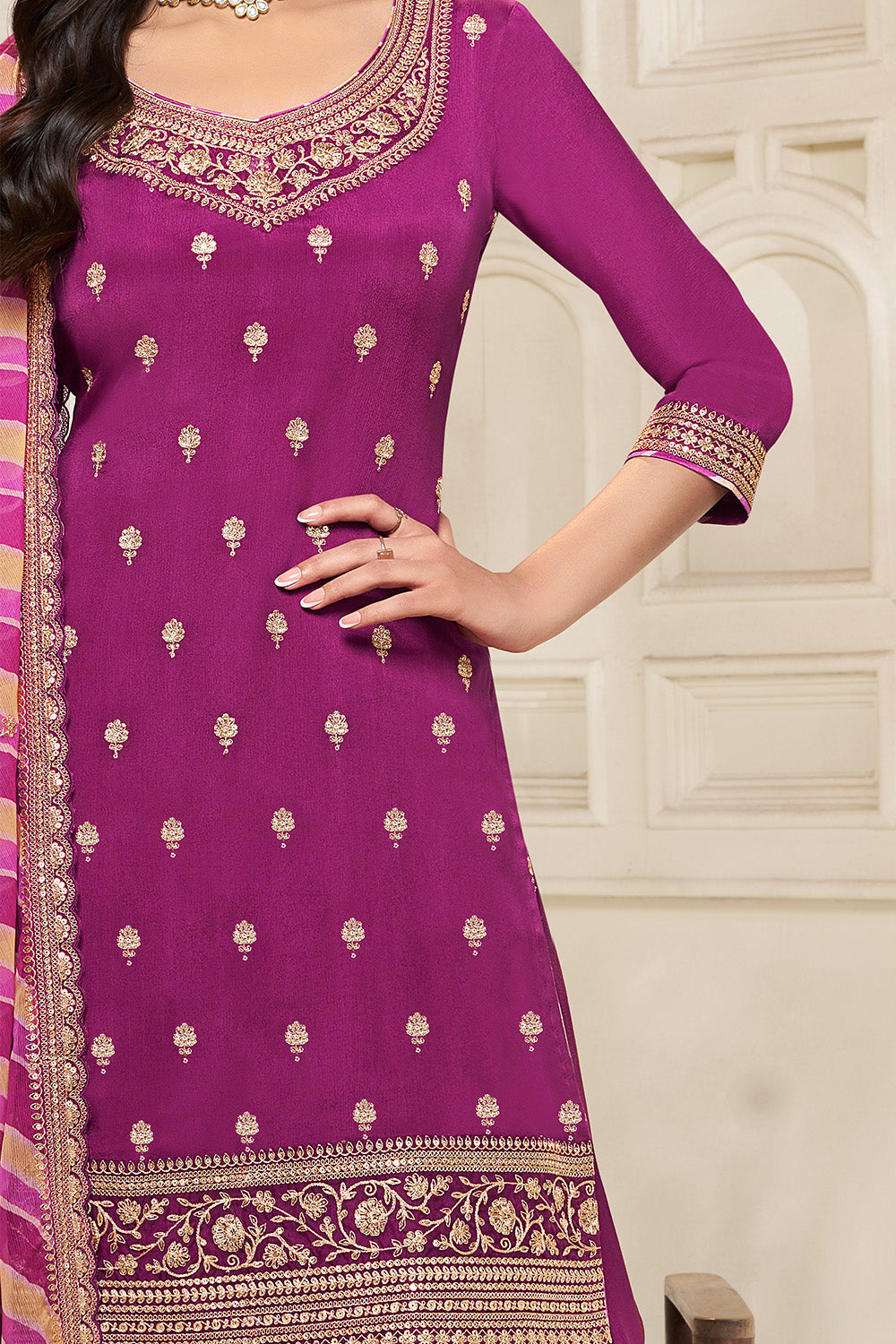 Velvet Crepe Silk Embroidered Suit With Palazzo