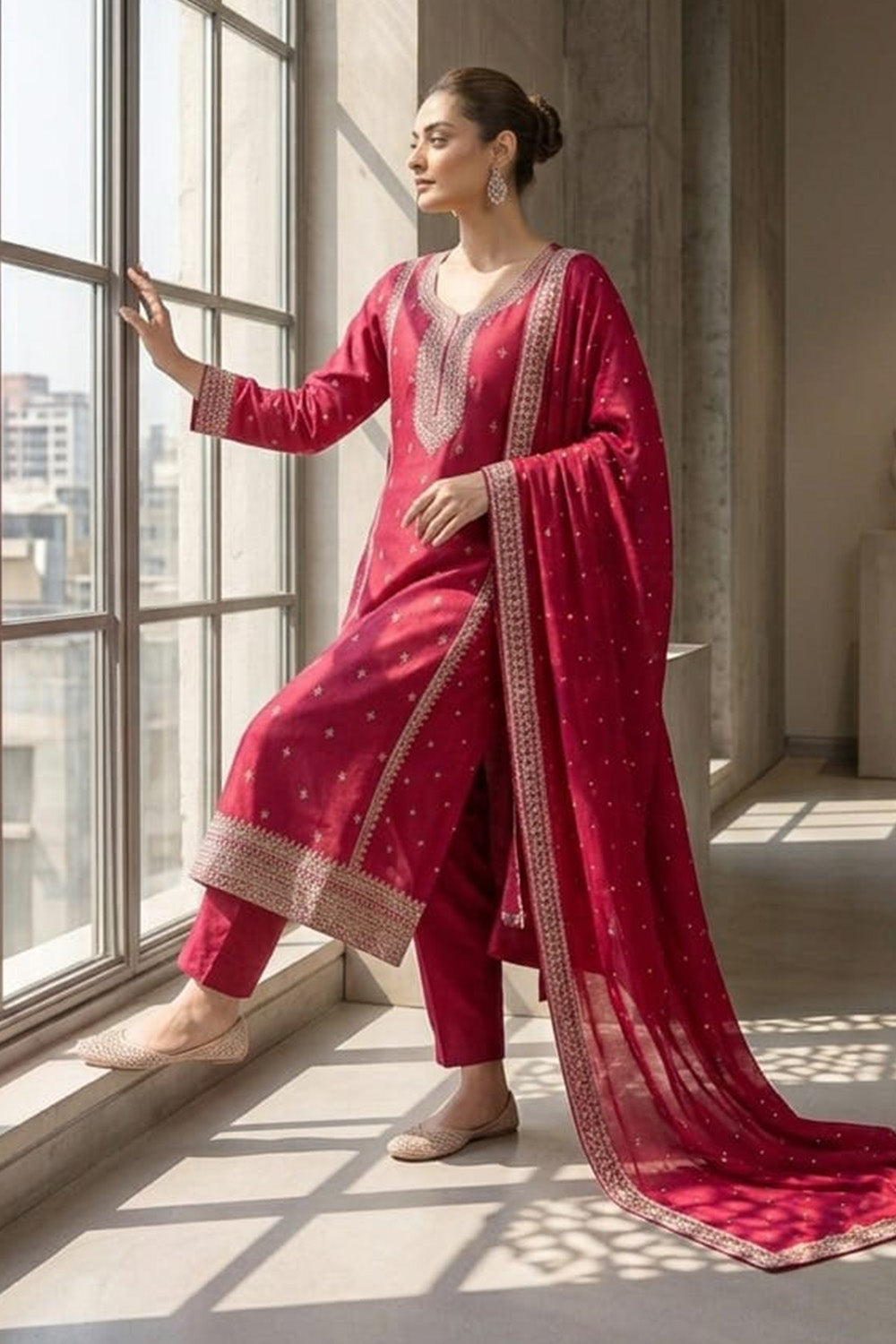 Magenta Pink Crepe Silk Zari and Sequins Embroidered Anarkali Suit