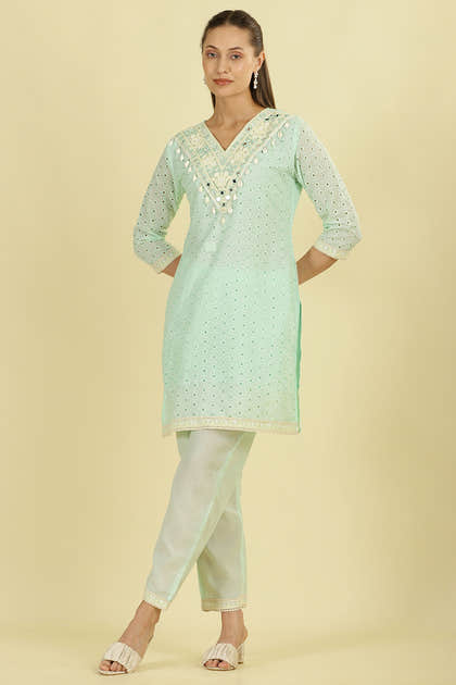 Mint Blue  Cotton Hacoba Style Neck-Embroidered Kurta Set