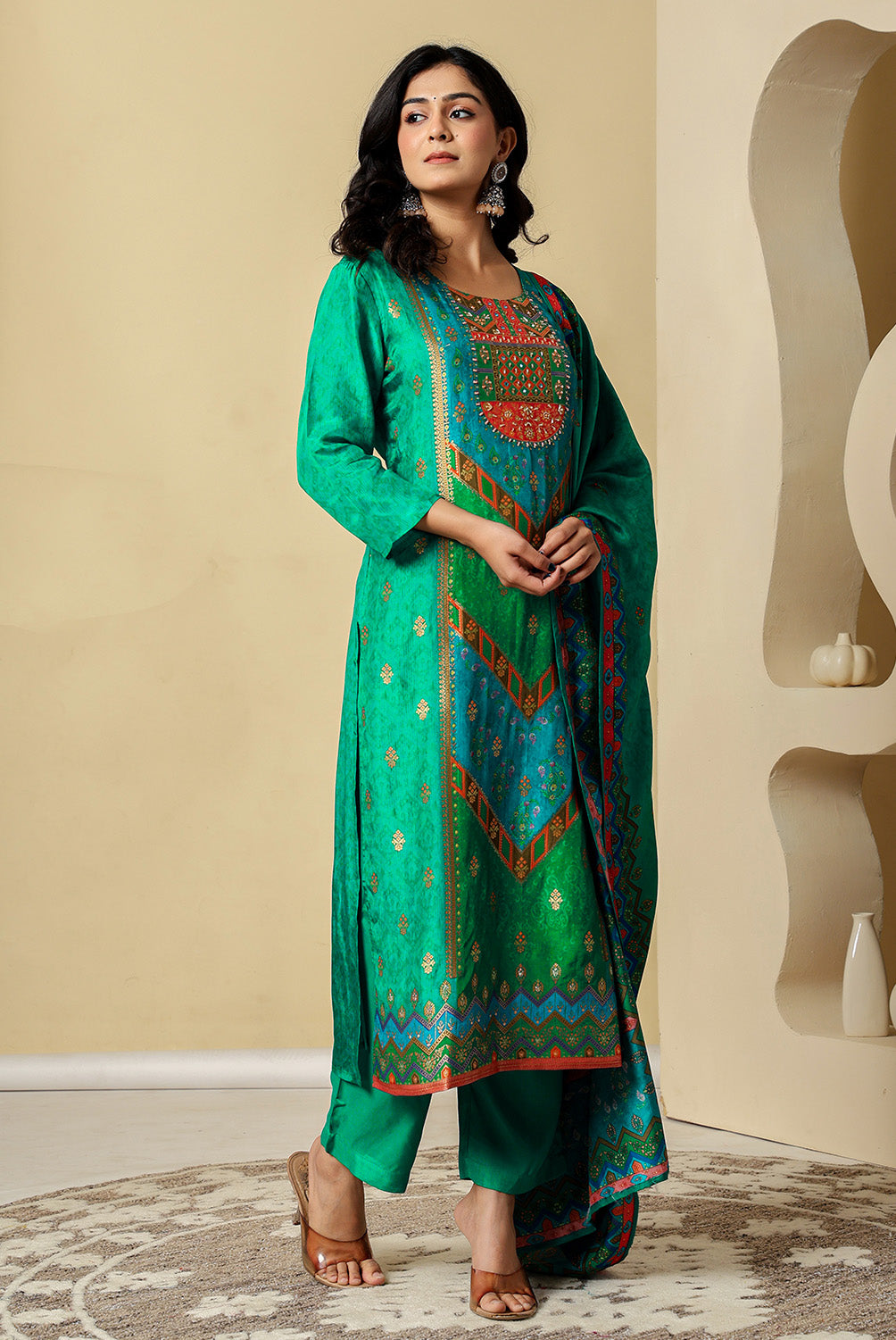 Teal Crepe Silk Printed Suit