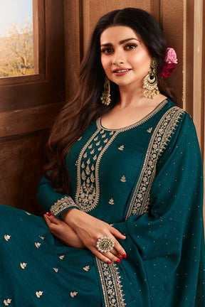 Teal Color Embroidered Silk Unstitched Suit Fabric