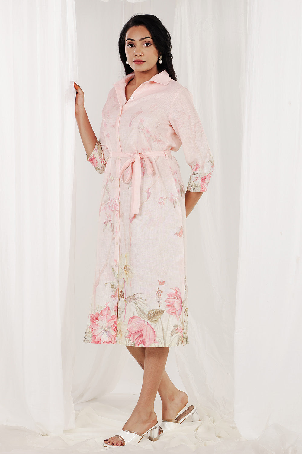 Light Peach Color Cotton Floral Printed Peonies Dress