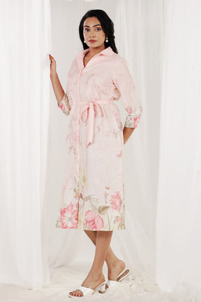 Light Peach Color Cotton Floral Printed Peonies Dress