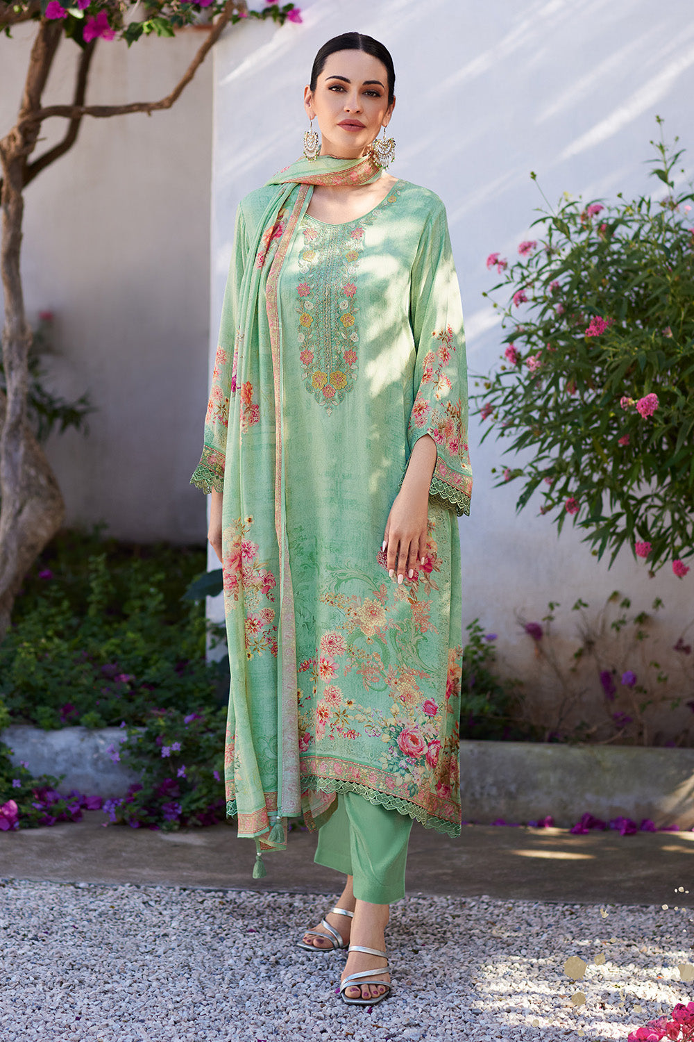 Pista Green Color Muslin Neck Embroidered & Floral Printed Suit